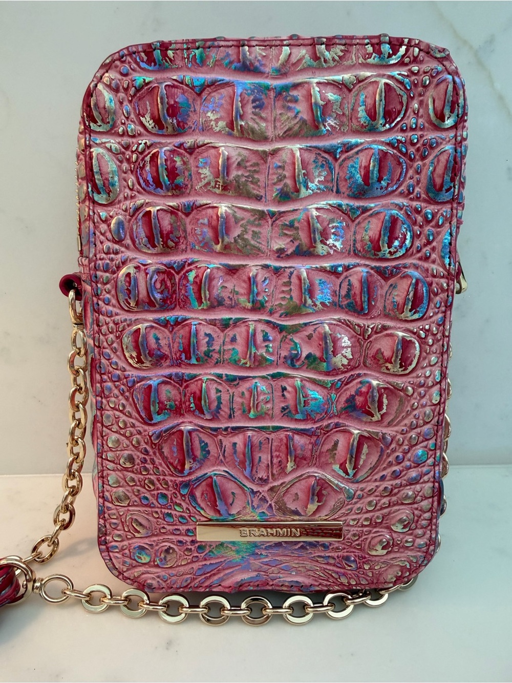 Brahmin Pink Iridescent Croc-Embossed Mini Crossbody
